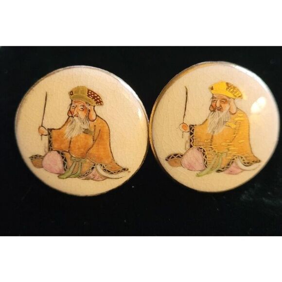 VINTAGE SATSUMA STYLE CUFFLINKS GOLD HAND PAINTED CERAMIC 7 Lucky Gods Estate